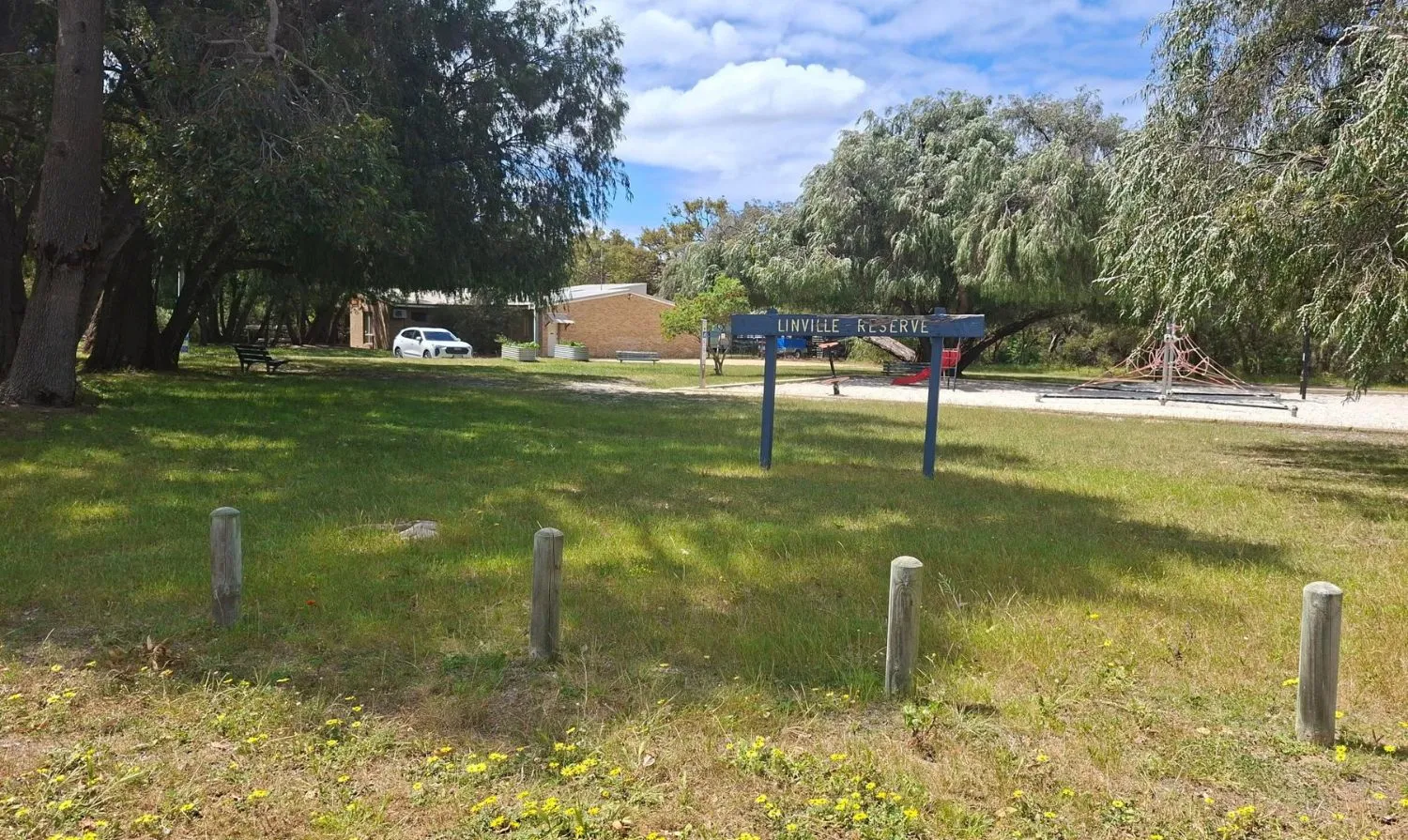Grassed area with playground in background